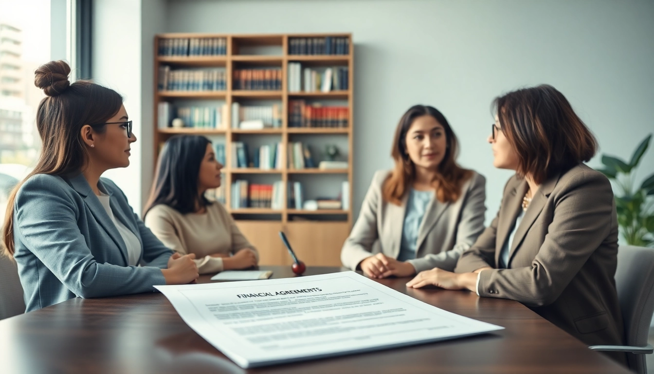 Family Law Financial Agreements discussion between a lawyer and clients in a well-lit office.