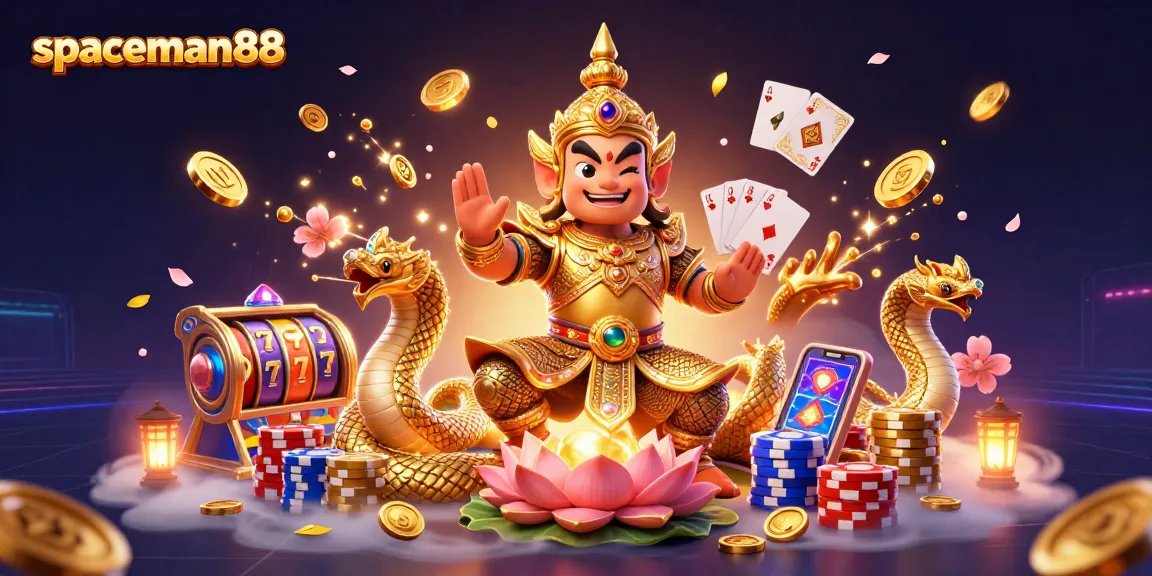Experience winning strategies at spaceman88 with vibrant 3D illustration of casino elements and lucky symbols.