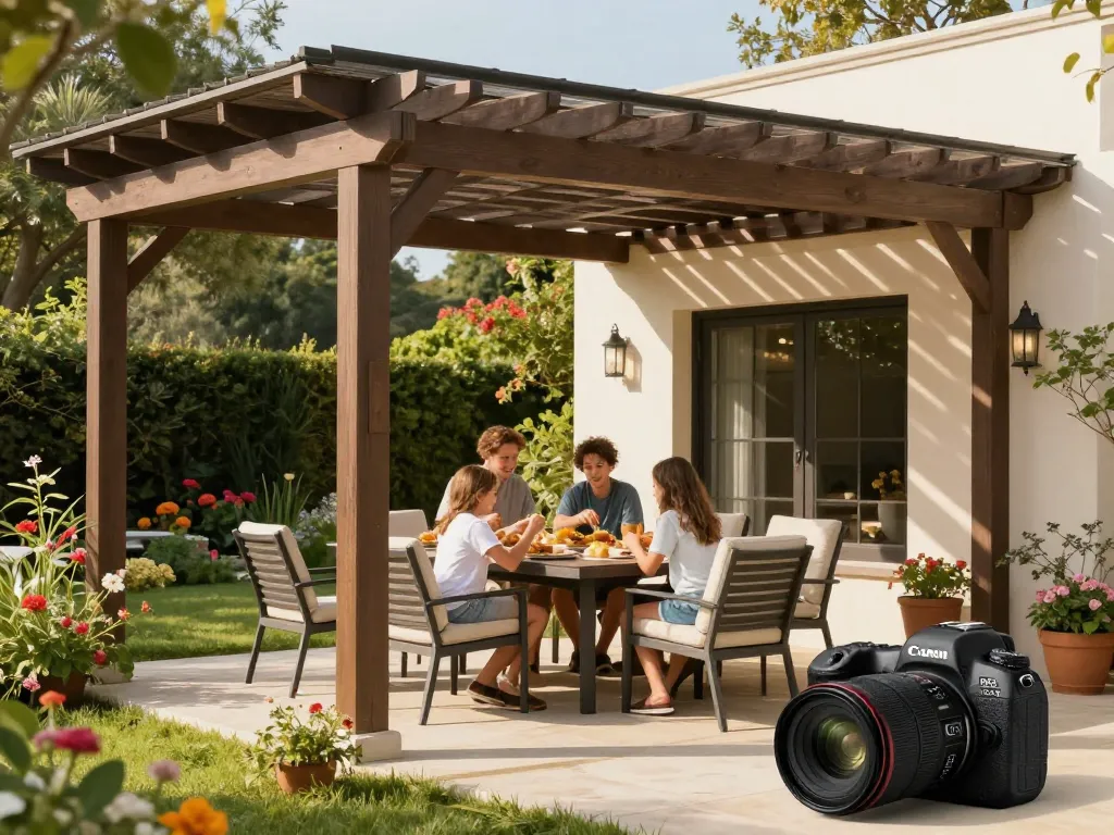 Family gathering under a stylish pergola configurator, enjoying outdoor dining in a lush garden.