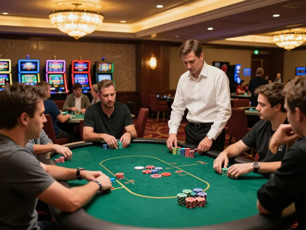 mb88 players strategizing in an upscale poker game at a casino table with chips in action