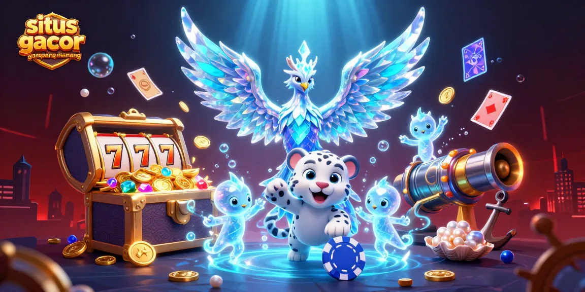 Gambarkan "situs gacor gampang menang" dengan simbol slot yang bersinar dan karakter ceria.