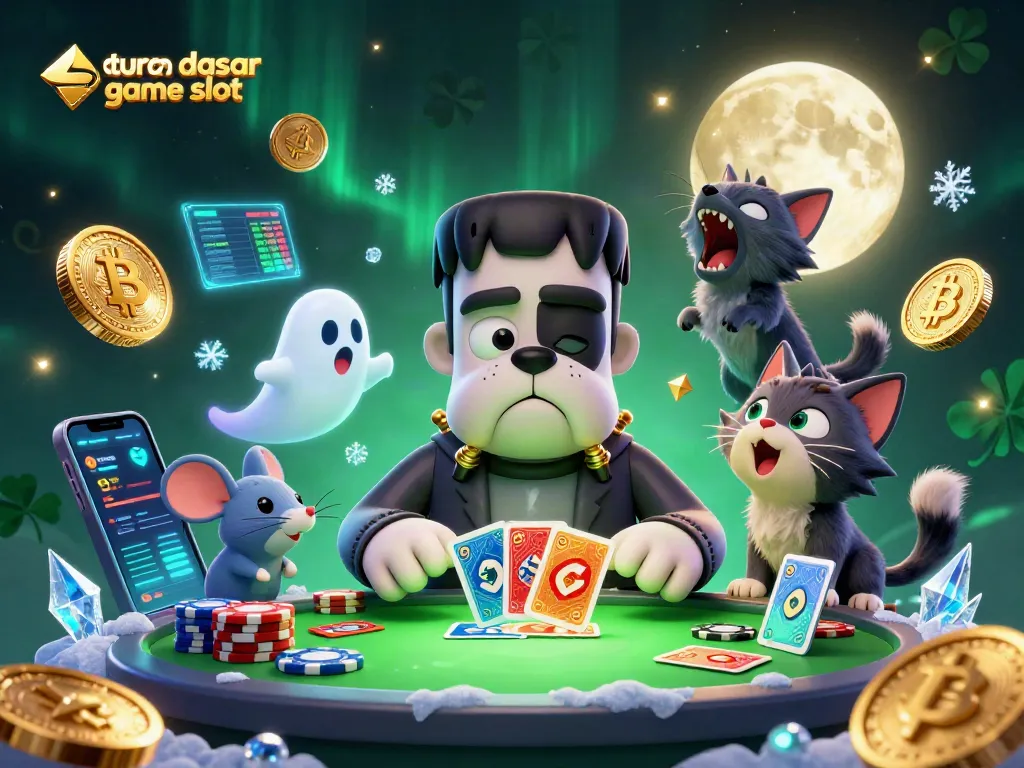 Aturan dasar game slot diperagakan oleh karakter kartun 3D unik seperti anjing Frankenstein yang bermain kartu di meja hijau, menampilkan elemen permainan yang menarik.