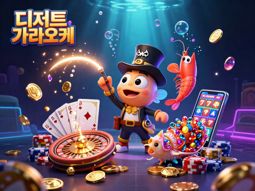 디저트 가라오케에서 황금 동전을 끌어당기는 3D 심해 앵글러피시의 일러스트입니다.