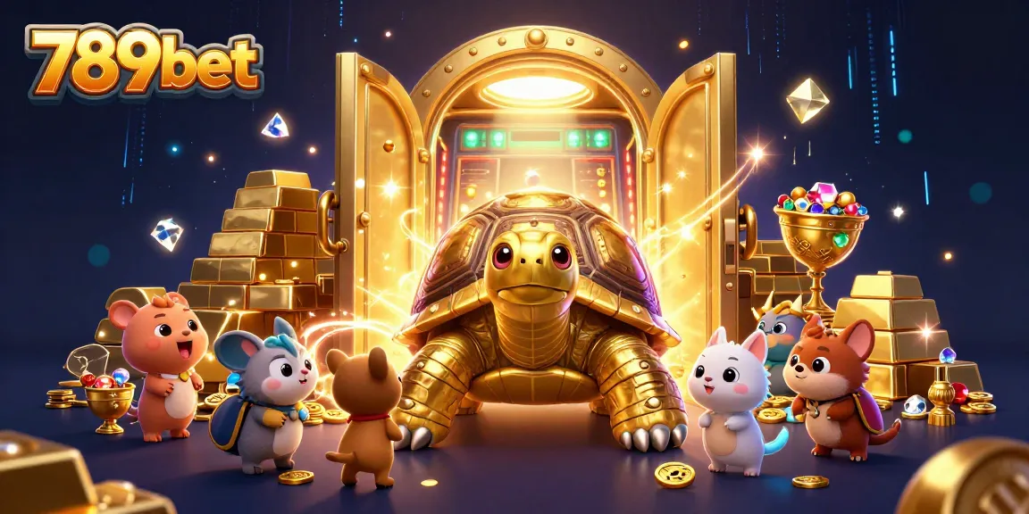 Khám phá giải trí tại 789bet với chú rùa khổng lồ đang chơi pinball và vàng lấp lánh.