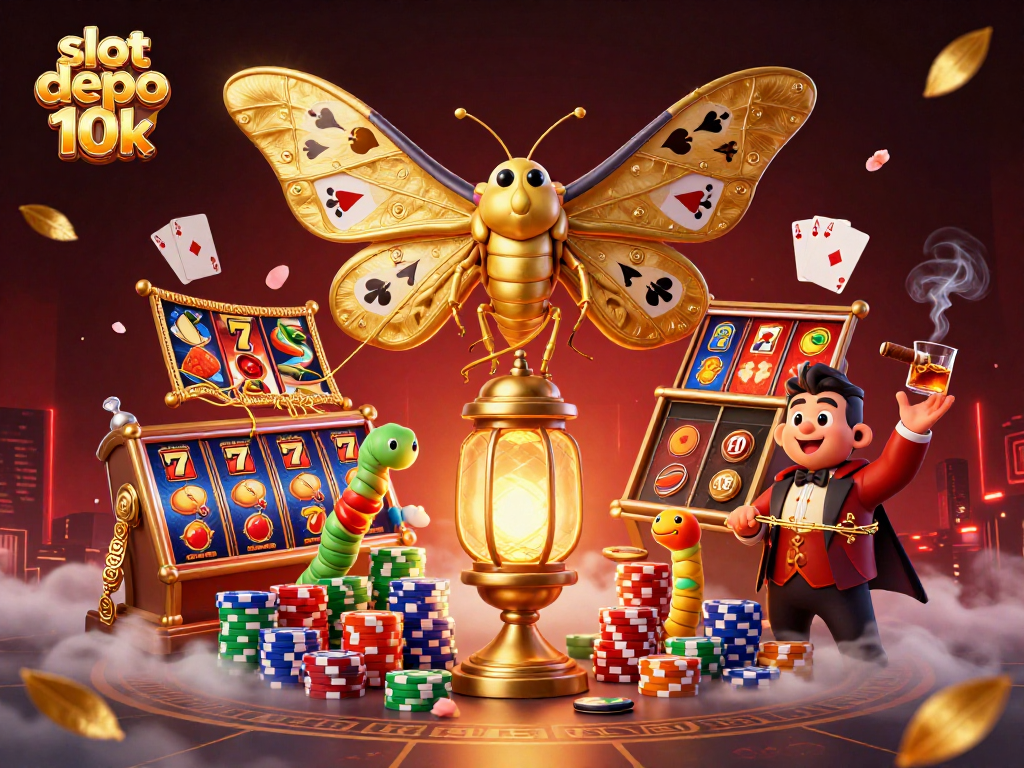 Gambar slot depo 10k menampilkan kupu-kupu 3D dan detail permainan kasino yang memukau.