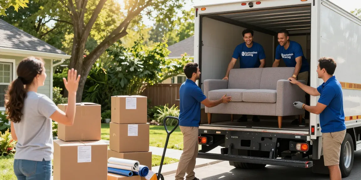 Local movers packing a couch into a truck, showcasing friendly service and stress-free moving.