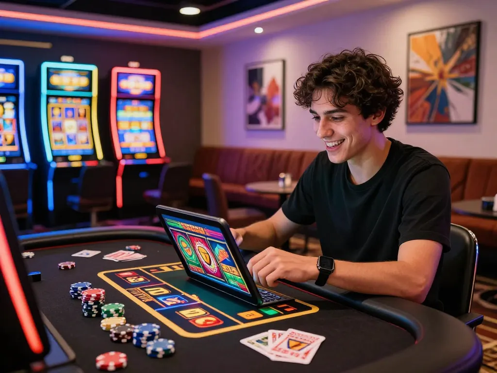 Enjoying a thrilling gaming experience at vegasslot77.com with colorful slot machine graphics and cozy lighting.