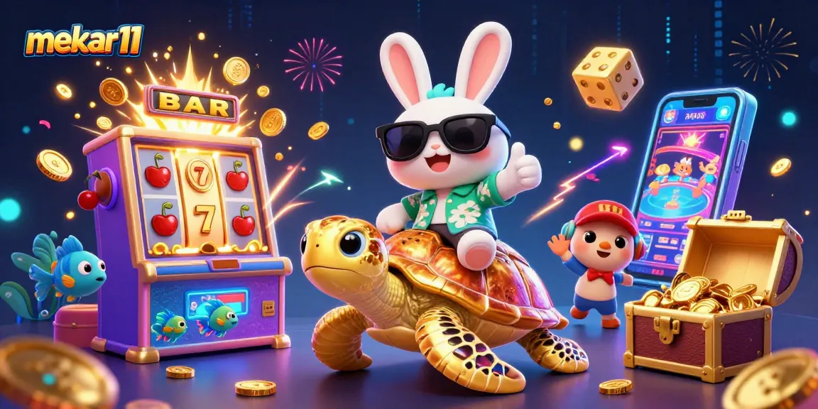 Mekar11 showcases a lively jackpot scene with a lucky rabbit and golden sea turtle enjoying slots.