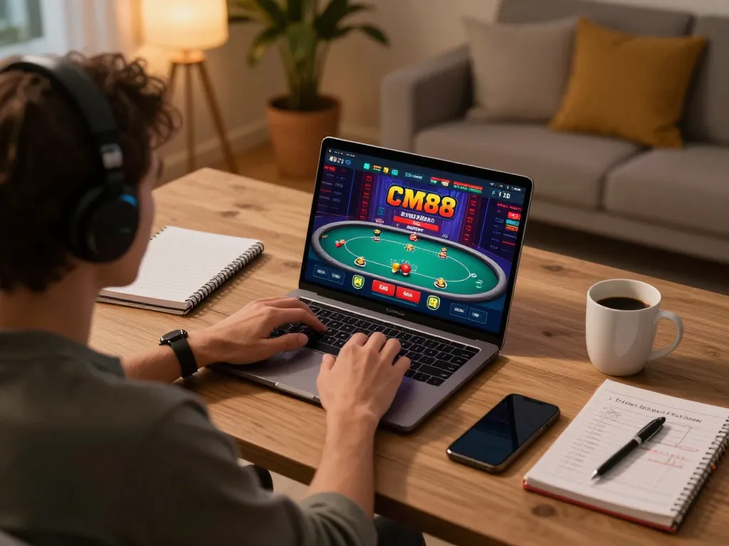 Engaging with the CM88 casino app on a laptop at home for online gambling strategy.