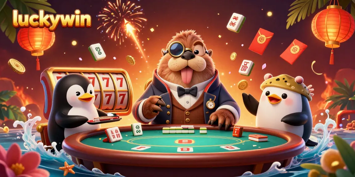 Experience the thrilling world of luckywin as the charming walrus plays poker surrounded by vibrant casino elements.