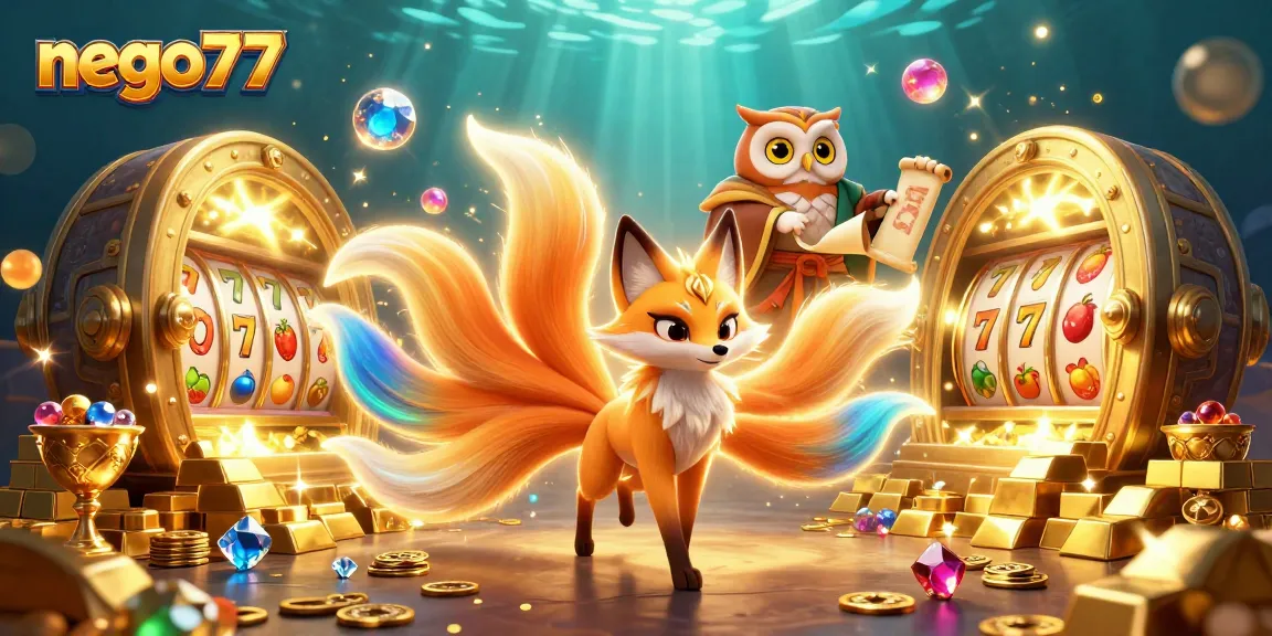 Engage with nego77's vibrant gaming experience featuring a colorful nine-tailed fox and treasures.