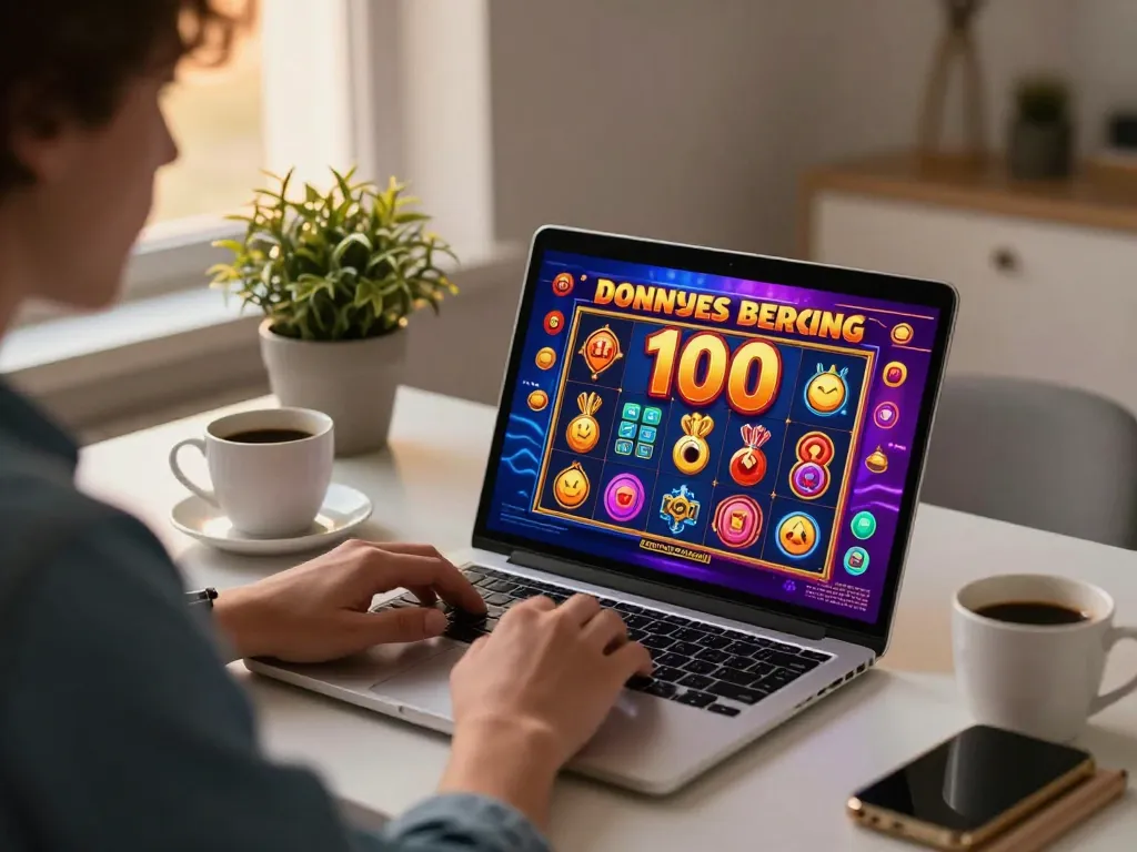 Play online slots with slot bonus 100 promotion highlighted on screen in cozy home gaming setup.