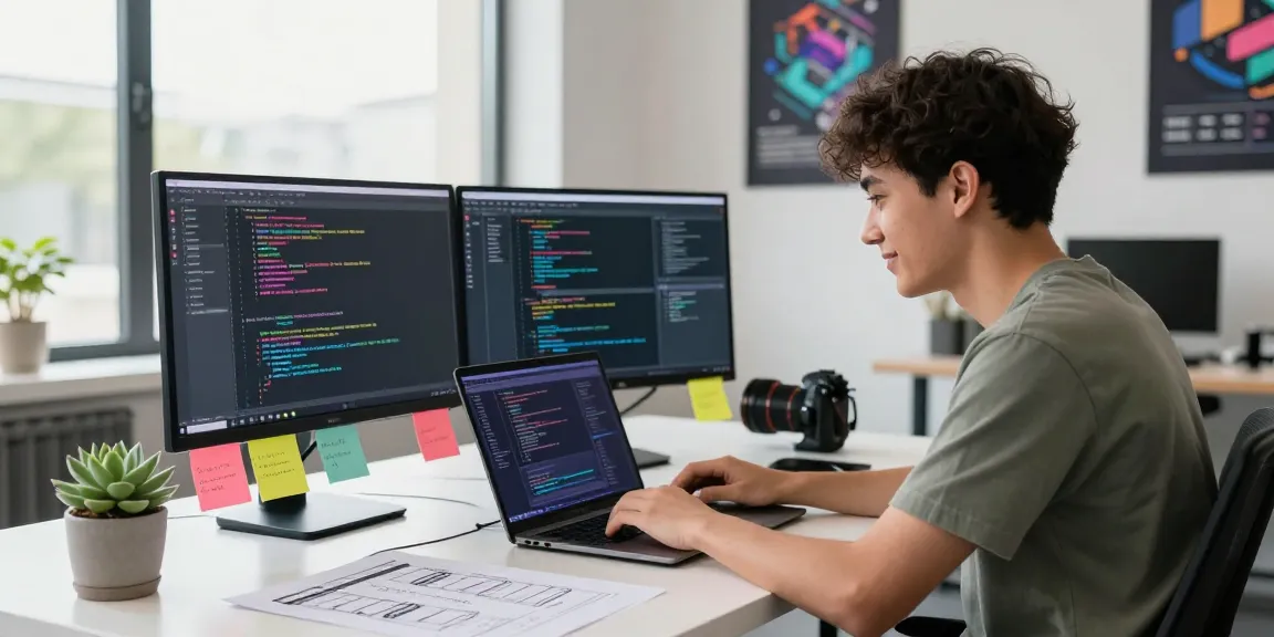 Dynamic workspace featuring a developer coding at the 纸飞机官网 with vibrant screens displaying innovative tech.