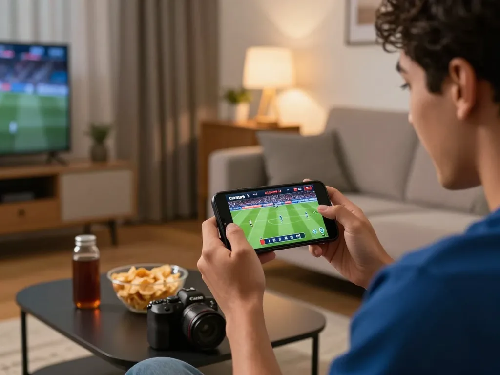 Cakhiatv user celebrating a live football match stream on a smartphone in a cozy home setting.