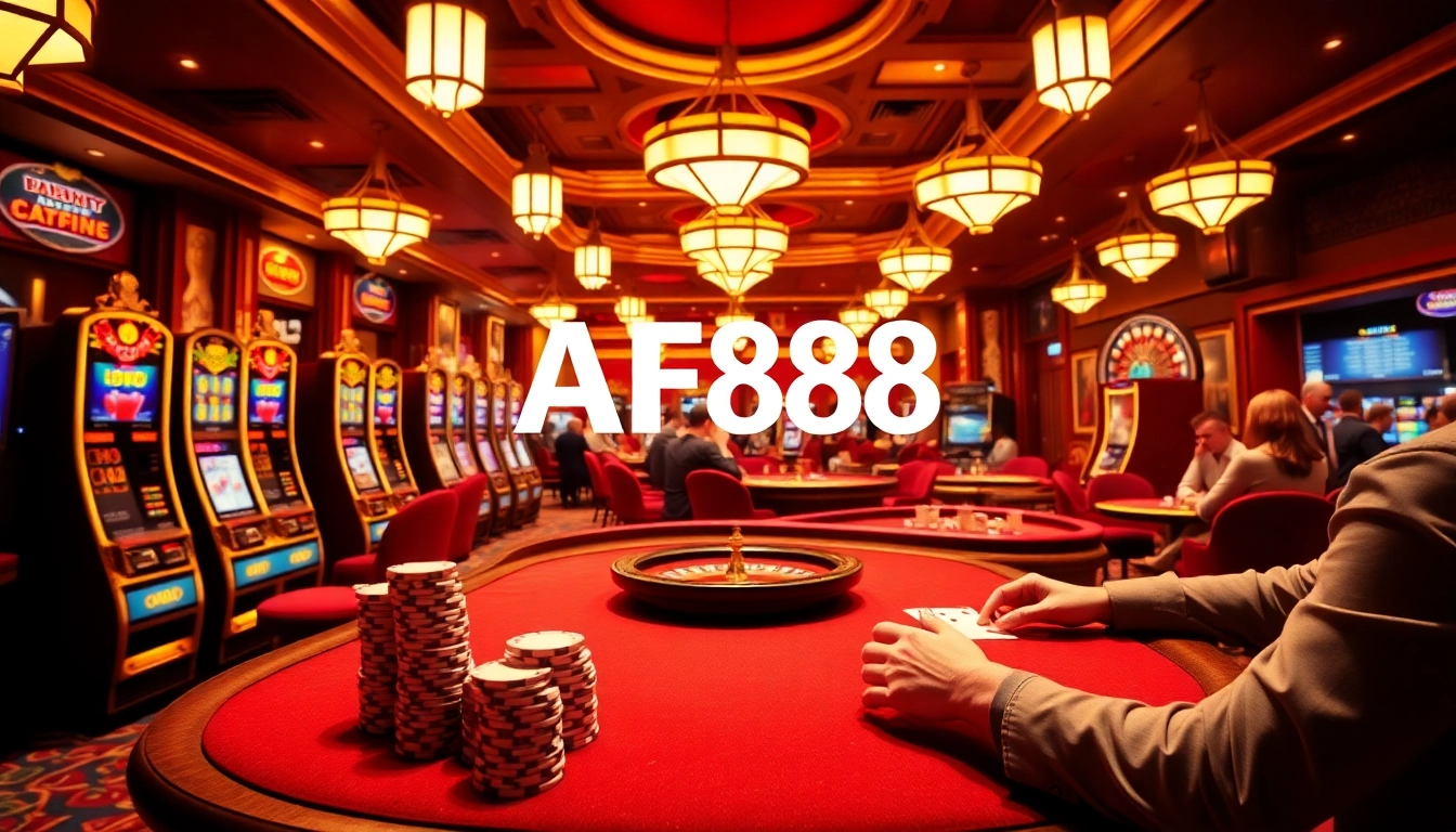 Experience a thrilling moment at AF88 with players engaging at poker tables and vibrant slot machines.