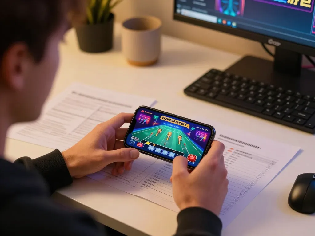 Sungaitoto player engaging in online betting with smartphone while reviewing strategy notes.