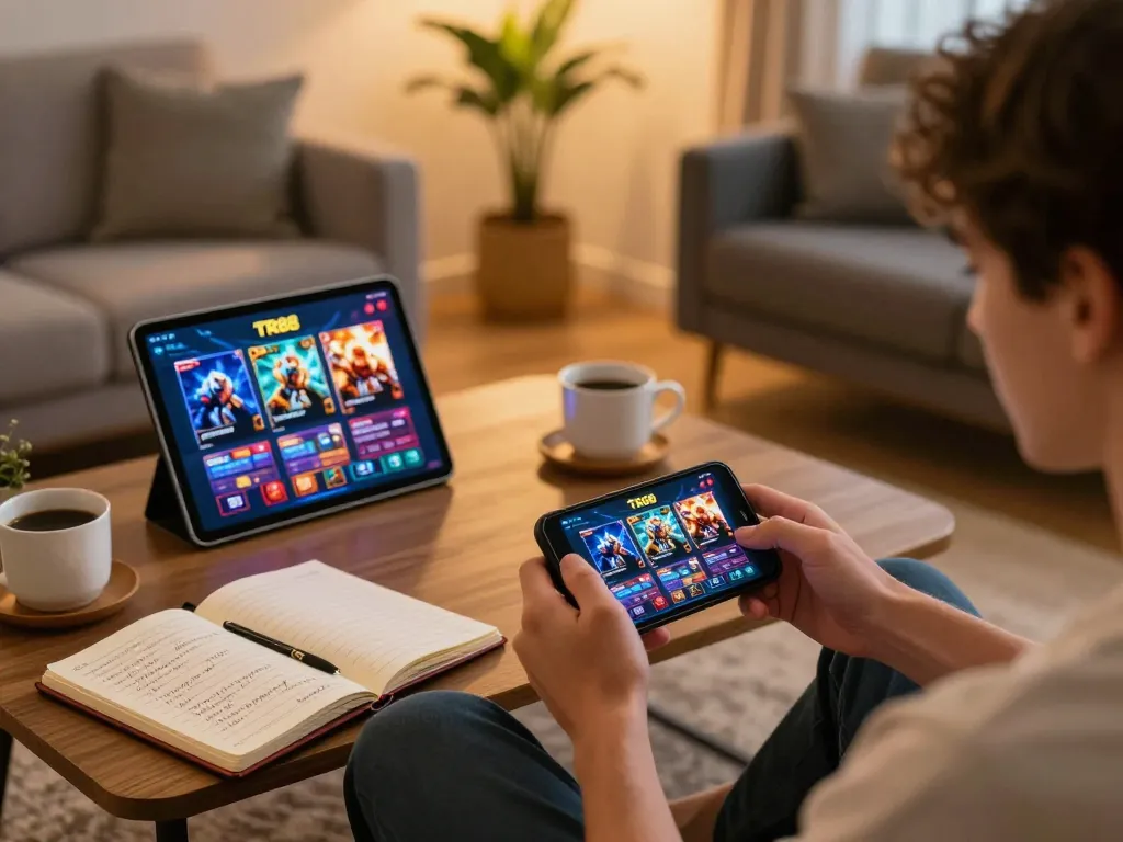 Engaged player experiencing TR88 casino games on mobile in a cozy living room atmosphere.