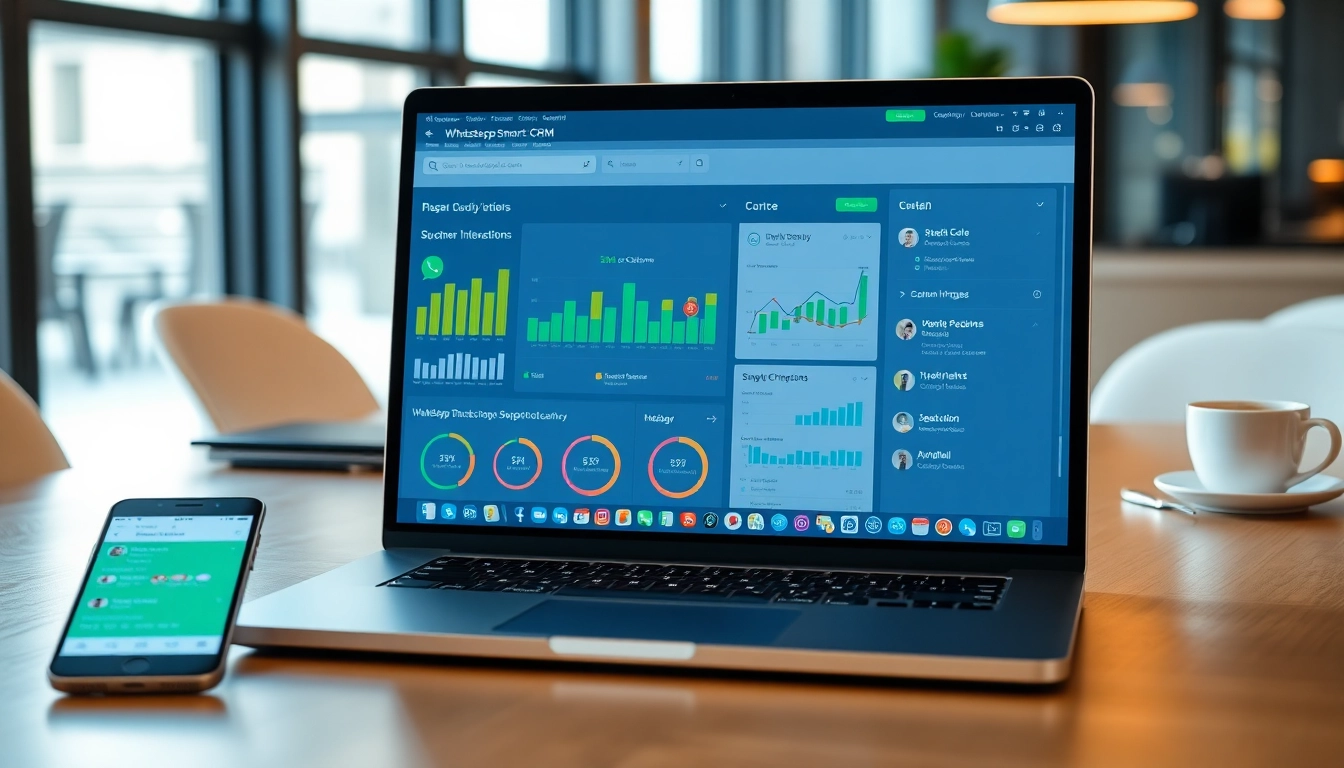 Showcase WhatsApp Smart CRM features on a laptop in a vibrant office setup.