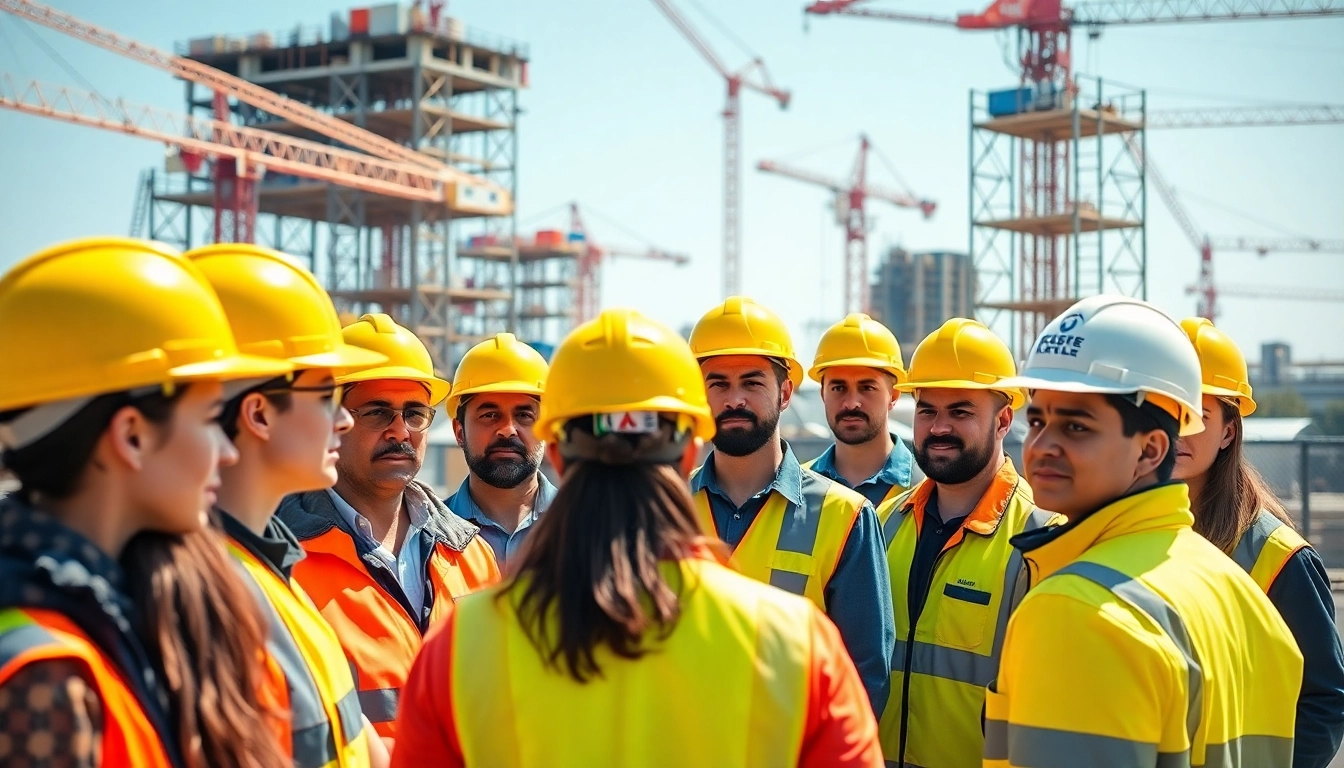 Construction safety training session with diverse workers practicing safety protocols.