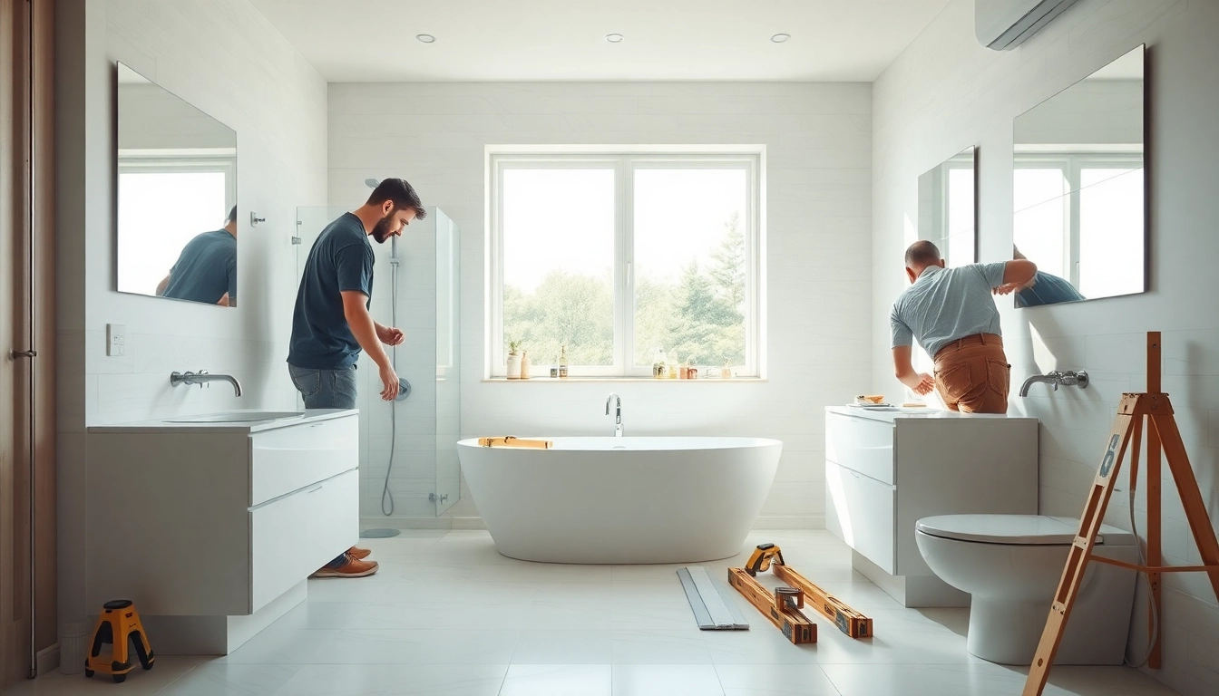 Expert team performing a bathroom installation trafford with elegant fixtures in a modern setting.
