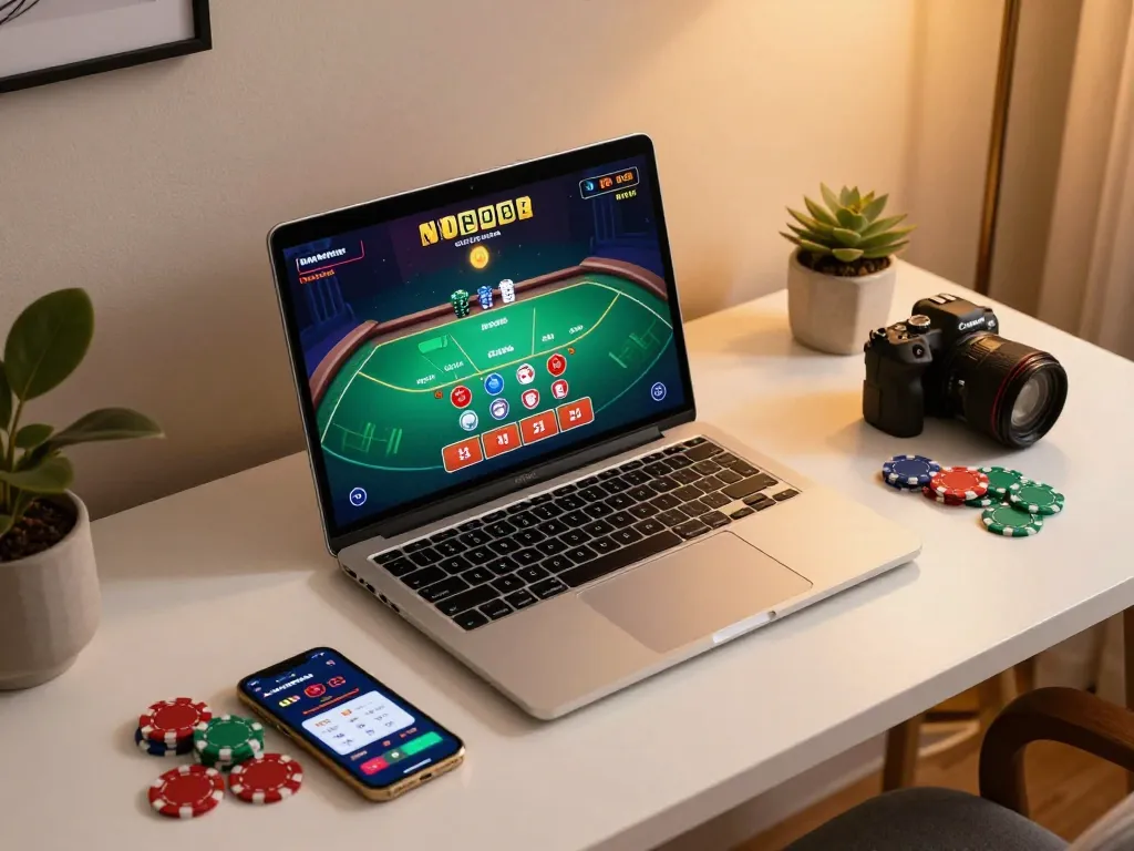 Engaged player enjoying the best widget store for online blackjack, dynamic gaming setup with chips on desk.