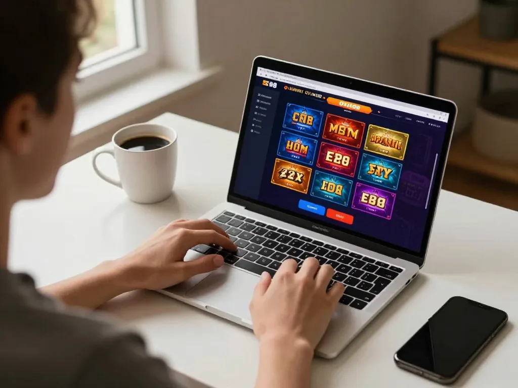 Player engaging with EE88 online casino interface on laptop during gaming session.