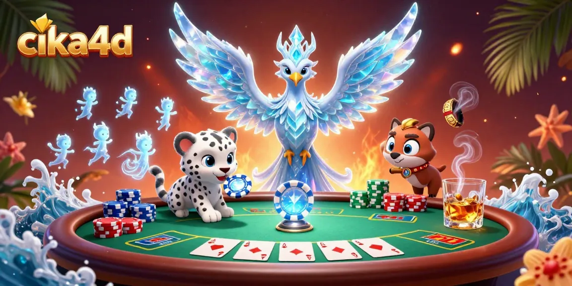 Join the exciting action at cika4d with an ice phoenix and poker-themed illustration, showcasing casino elements.