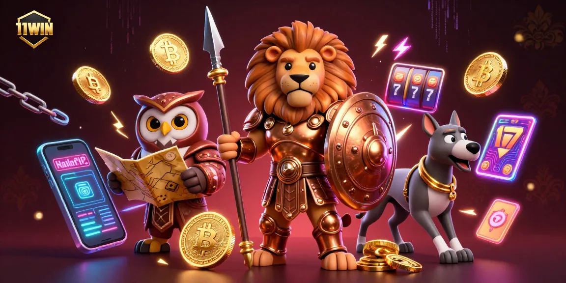 Experience thrilling gameplay with 11WIN, a rich illustration of a Spartan lion and casino elements.