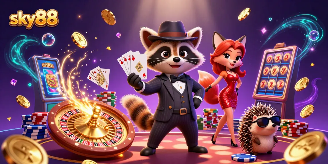 Experience thrilling gaming at sky88 with cartoon characters surrounded by jackpots and spinning reels.