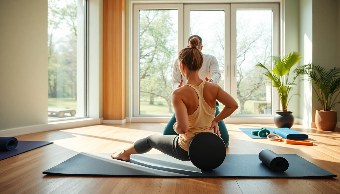 Engaging demonstration of effective back pain remedies with a physiotherapist in a bright clinic.