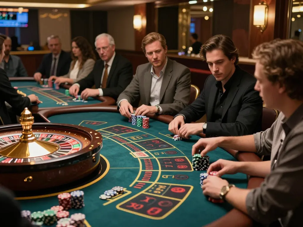 Engaging players at a roulette table showcasing giường bệnh nhân in vibrant casino atmosphere.