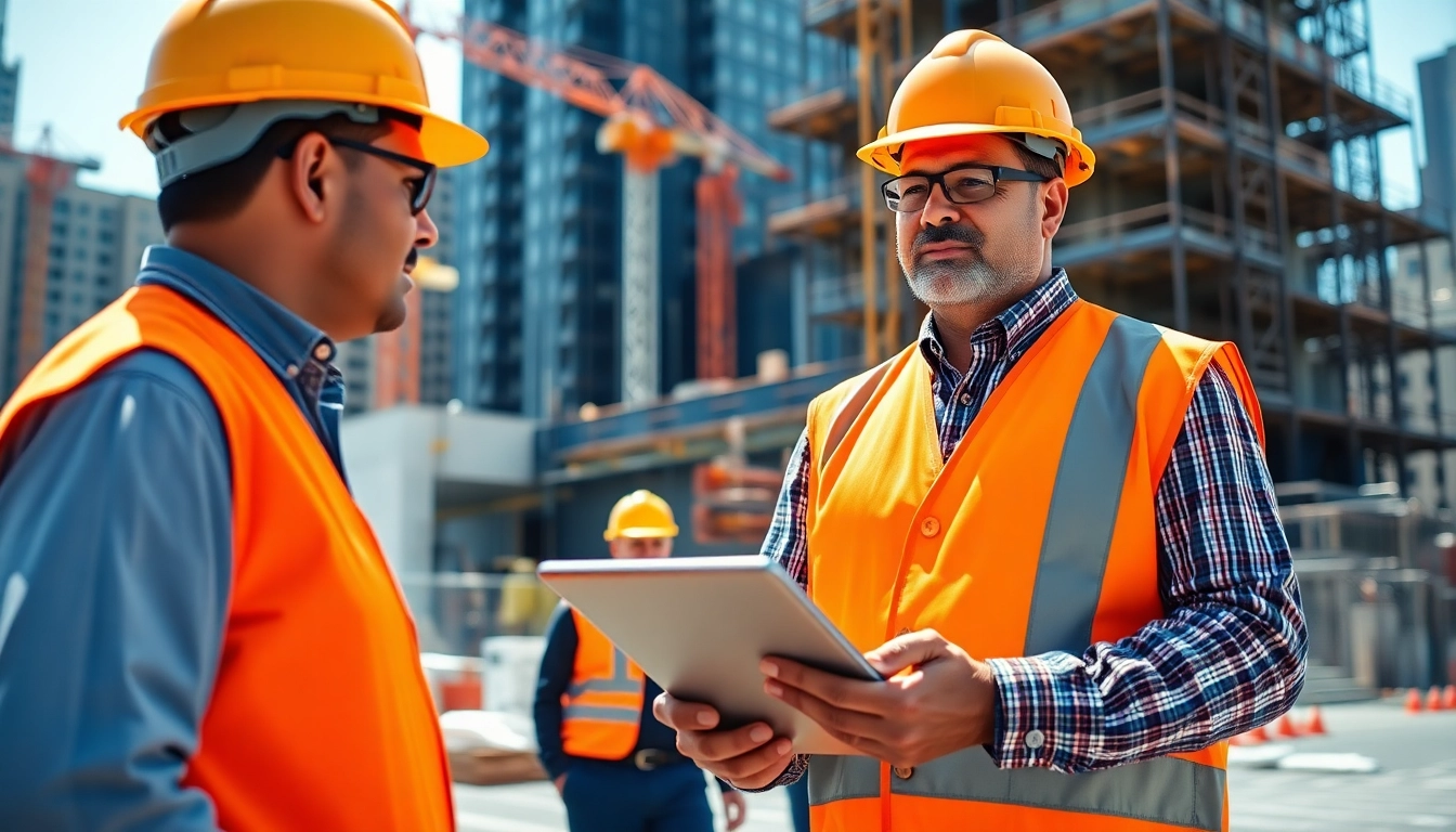 Manhattan Construction Manager directing a busy construction site with cranes and blueprints.