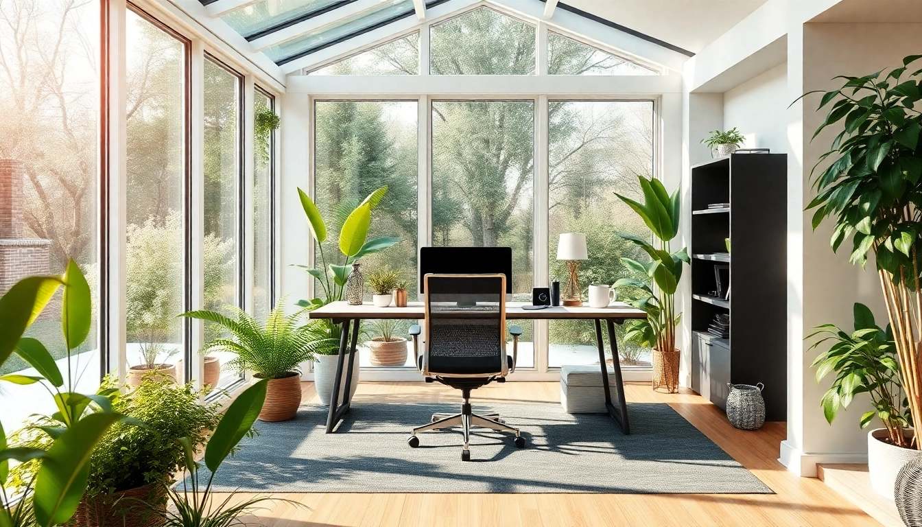 Wintergarten als Buero mit modernem Schreibtisch und natuerlichem Licht gestalten