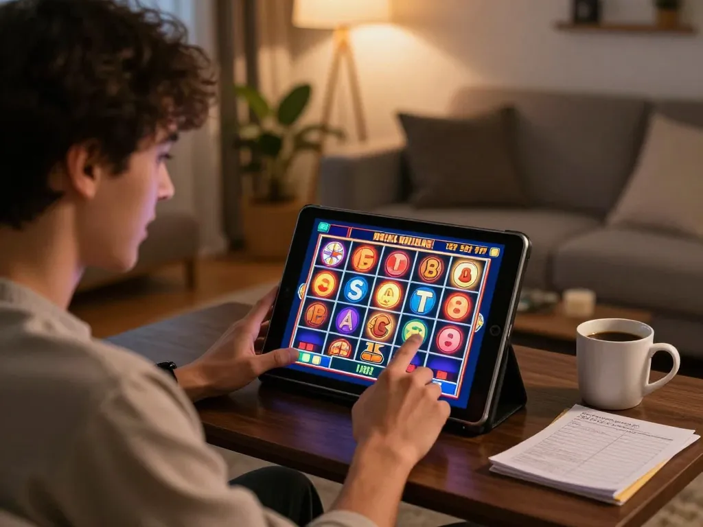 Engaging moment of an online slot player with vibrant w 88 game graphics on tablet
