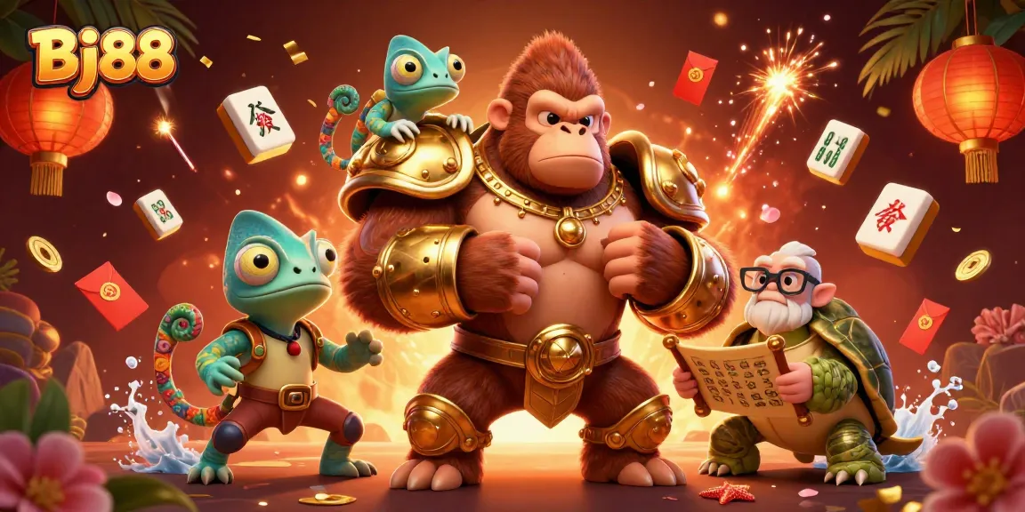 Experience thrilling gaming action at Bj88 with vibrant characters engaging in epic casino adventures.