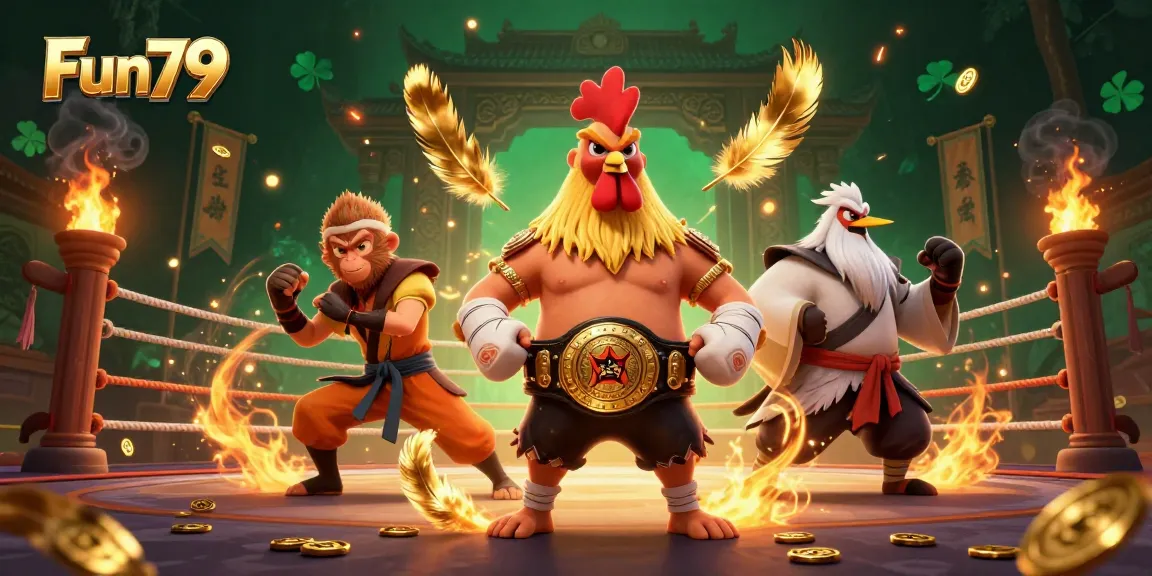Engage in thrilling gameplay at Fun79 with a dynamic scene featuring a Muay Thai rooster, Shaolin monkey, and wise crane master.