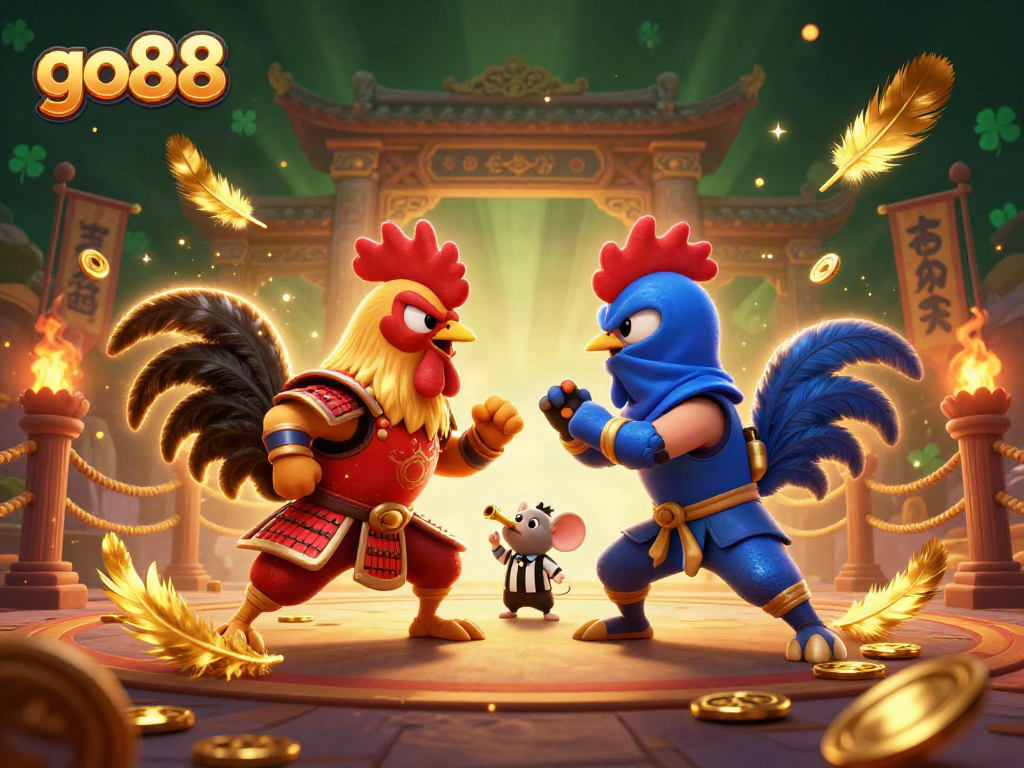go88 shows epic rooster duel amidst vibrant gambling arena with gold coins flying around