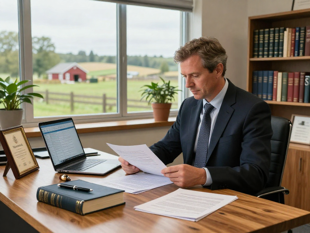 Stephen Gleave Ancaster in his professional office, reviewing legal documents with a farm view.