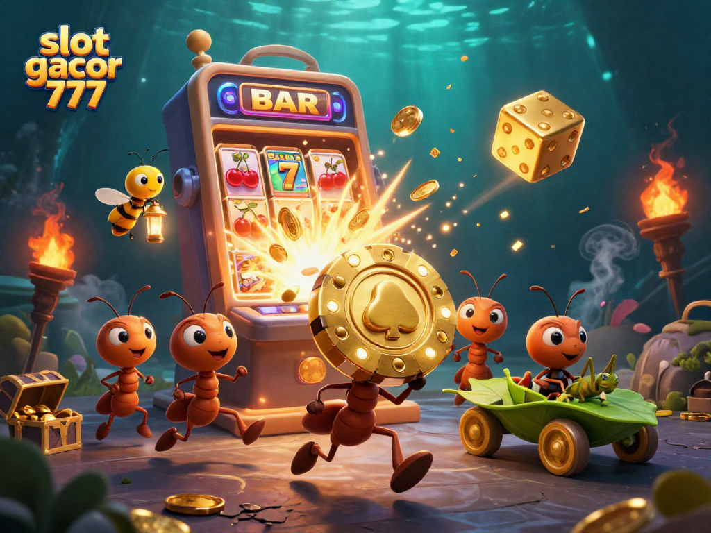 Win with slot gacor 777 in an exciting scene of ants heisting giant poker chips and jackpot thrills.