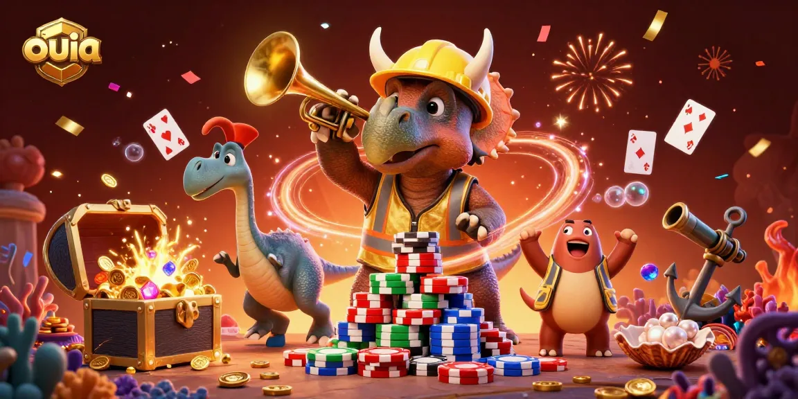 Celebrate your wins with ouia in this vibrant casino scene featuring dinosaurs and festive elements.