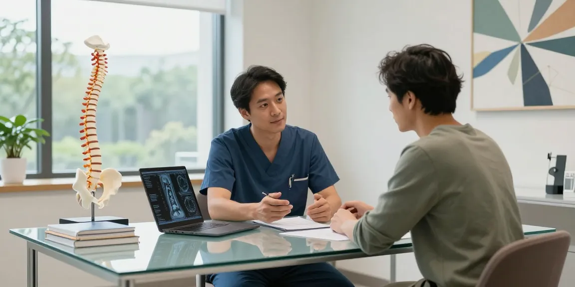 Bel kayması ameliyatı consultation scene in a modern medical setting focusing on patient and spine surgeon.