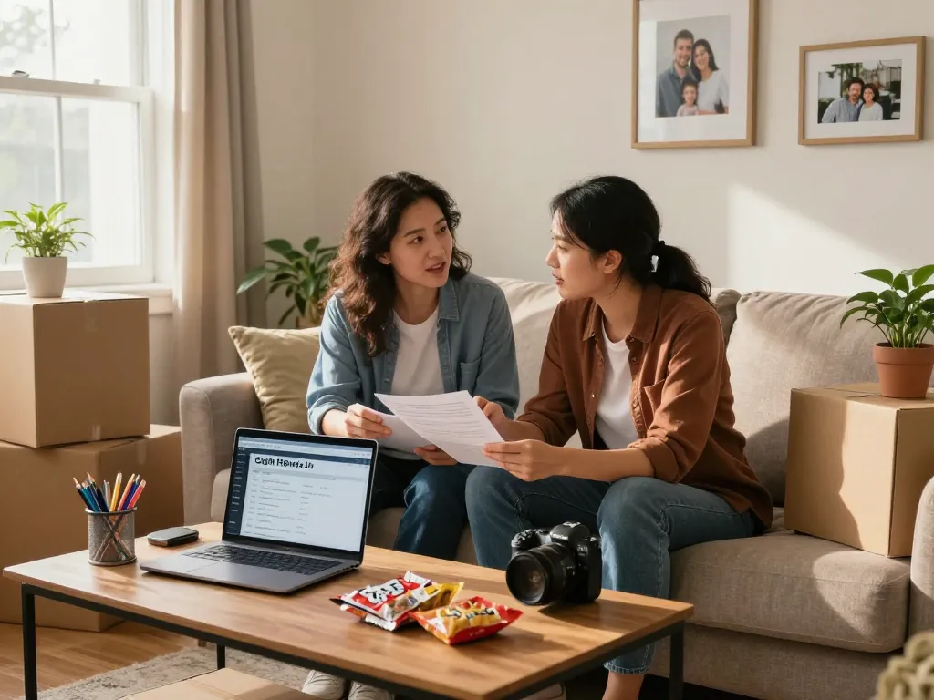 Couple engaged in a discussion about a quick house sale, reviewing offers and packing in a warm living room.