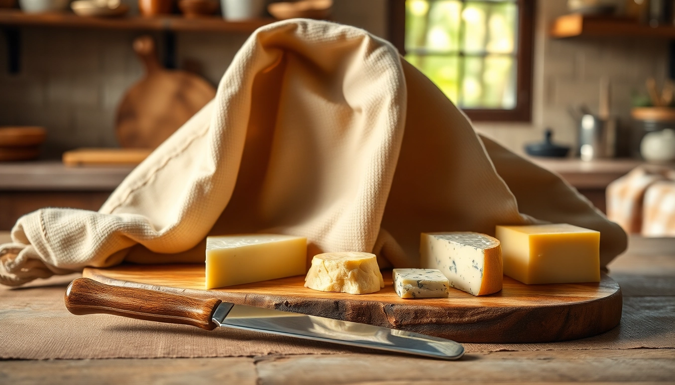 Kaasdoek elegantly displayed with artisanal cheeses, inviting atmosphere.
