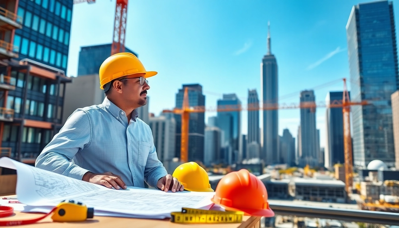 New York Construction Manager reviewing plans on-site with tools and blueprints.