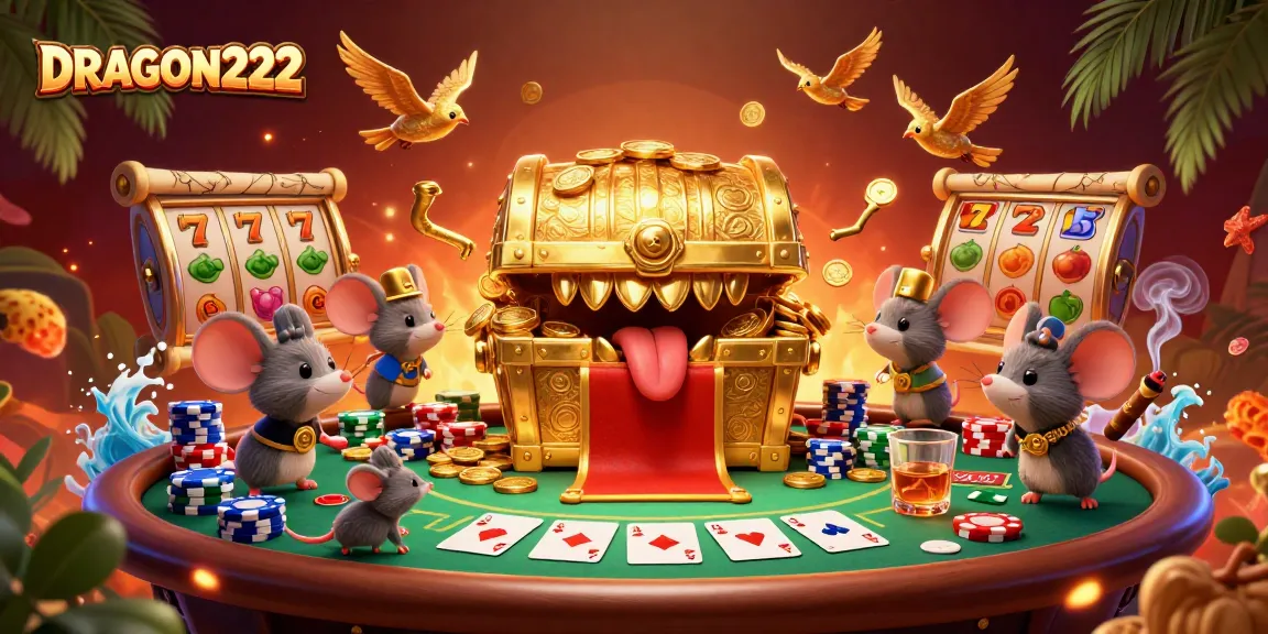 Engage in thrilling wins with DRAGON222 featuring a vibrant treasure chest and dynamic slot elements.