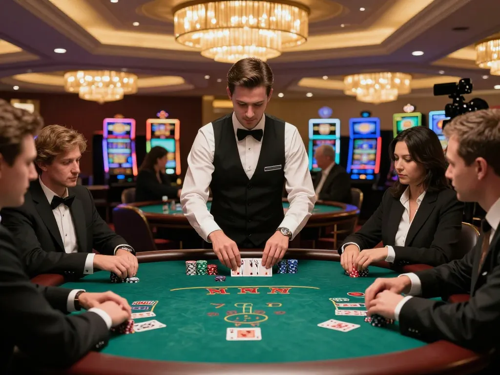 hnoslara players placing bets at an elegant blackjack table in a vibrant casino