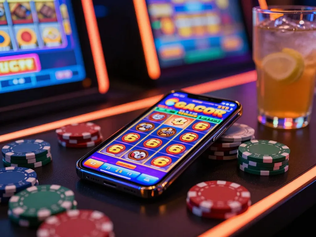 Playing slot gacor on a smartphone surrounded by gaming chips in a vibrant setting.