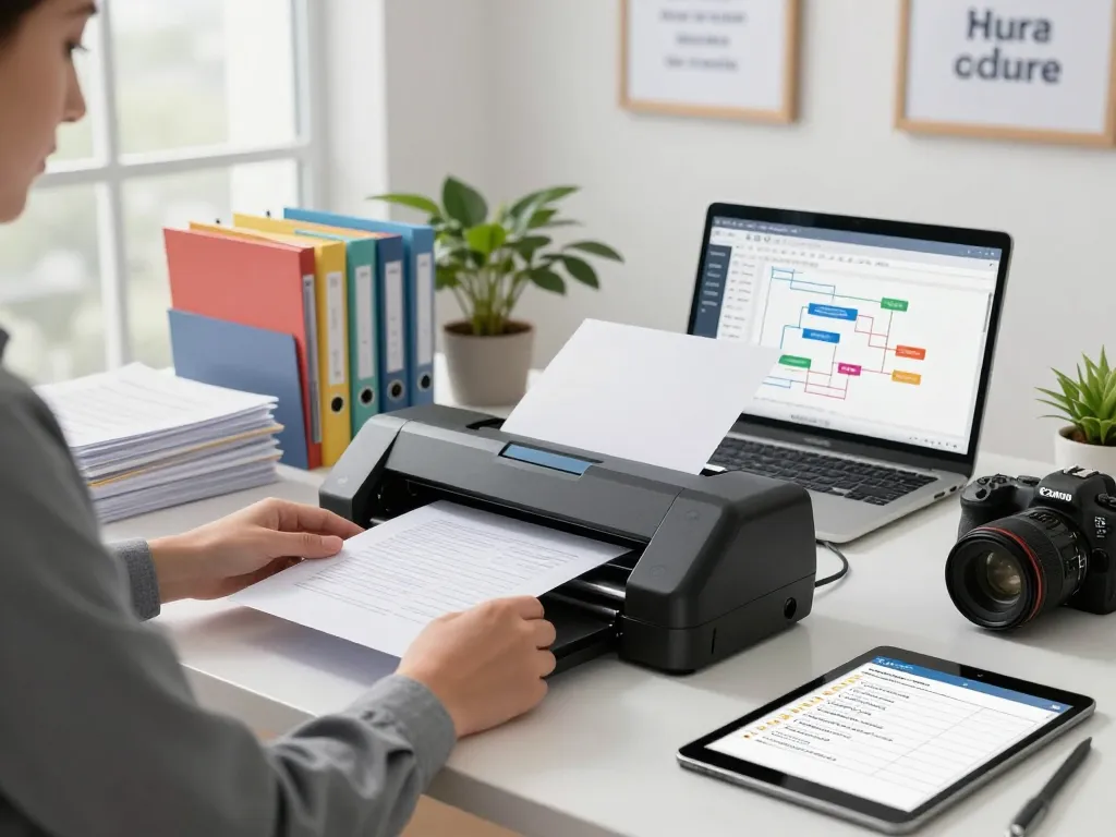 Bóc giấy tờ bị ép plastic in efficient document processing office setting with laminating machine and organized workspace.