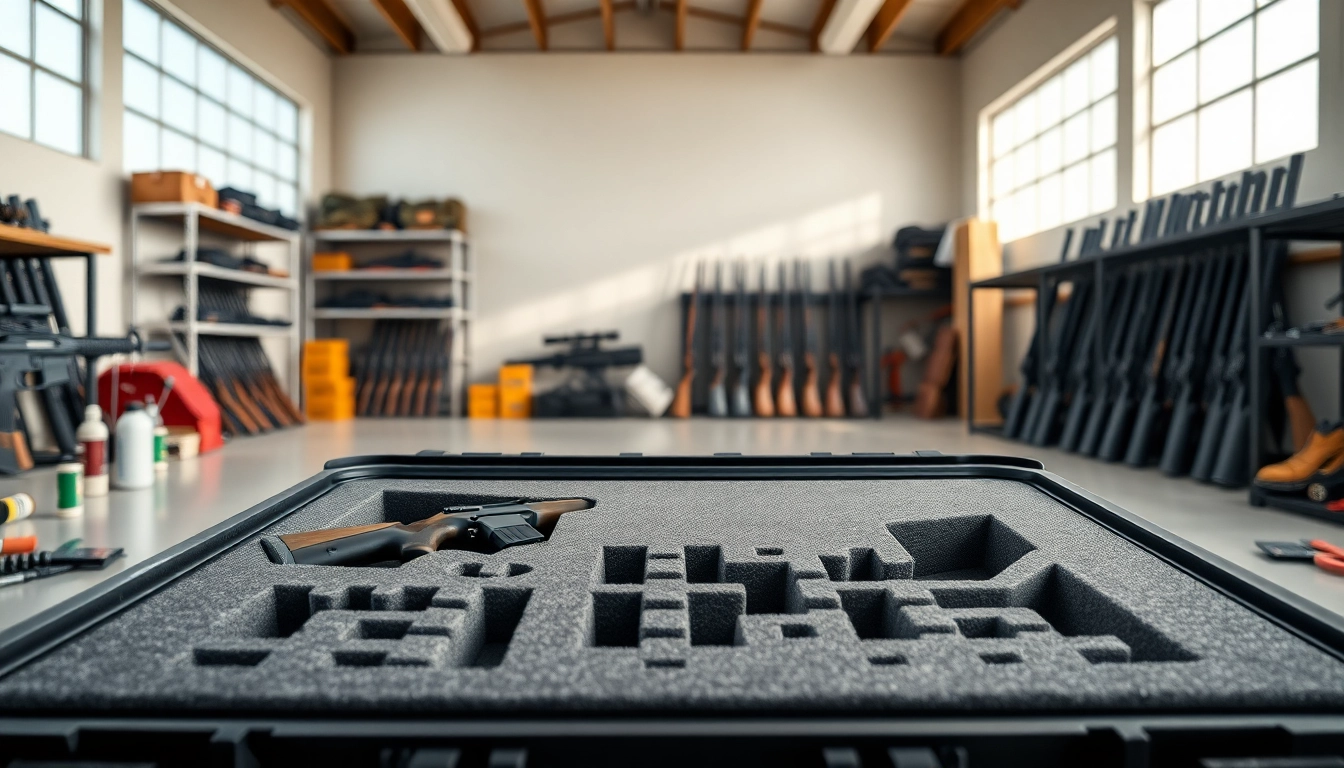 Foam for rifle case with custom inserts displayed in an organized storage setup.