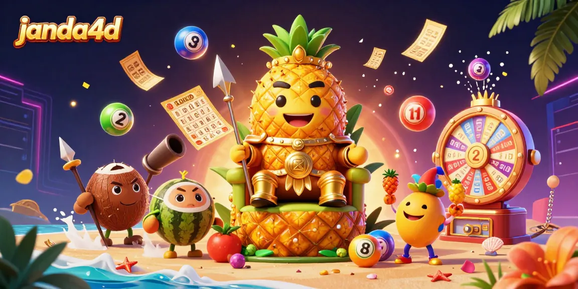 Janda4d menampilkan raja nanas emas bermain lotere di kasino dengan elemen berwarna cerah dan bola lotre.